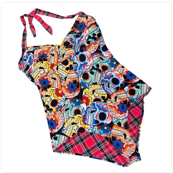 Other - Sugar Skull Floral Swimsuit 4X Fits Like 2X One Piece Plaid Trim Halter Retro